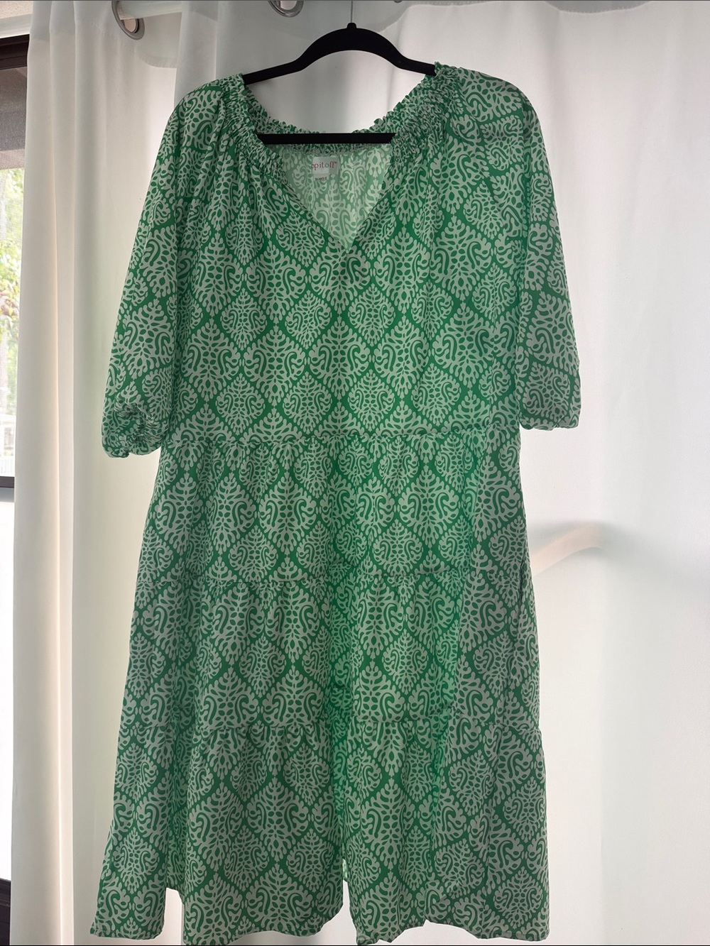 Green Printed V-Neck Tiered Midi Dress